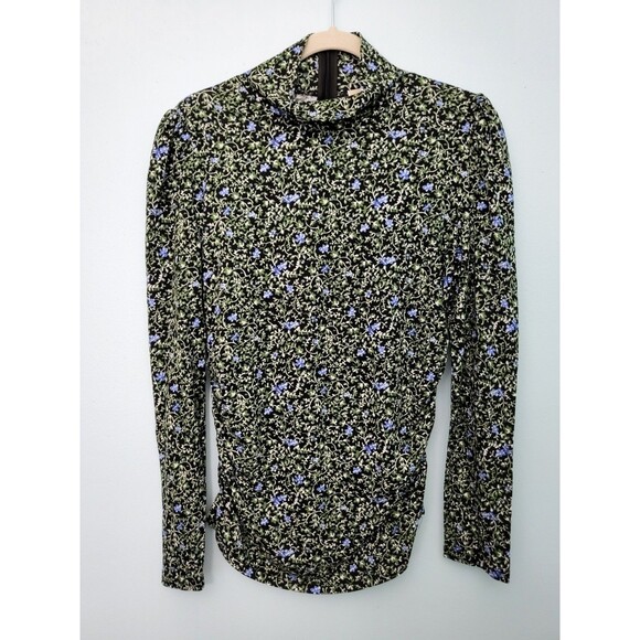 MICHAEL KORS Blouse Top Womens M Black Green Floral Ruched Mock Neck Pullover - Picture 1 of 9